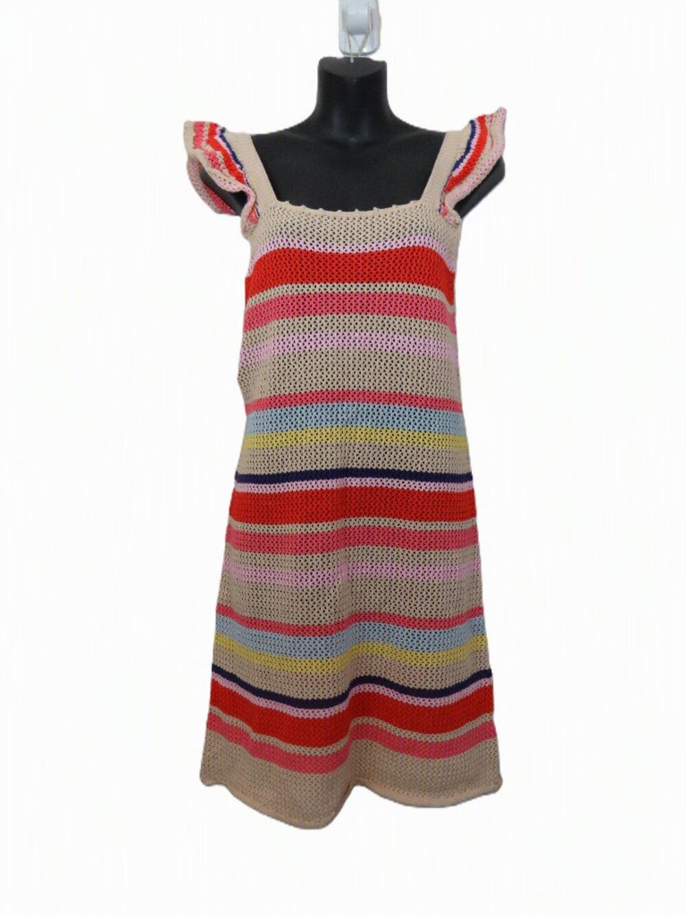 Rails size XS Crochet June Multi Stripe Knit Mini Dress Ruffle Sleeve Shift NEW